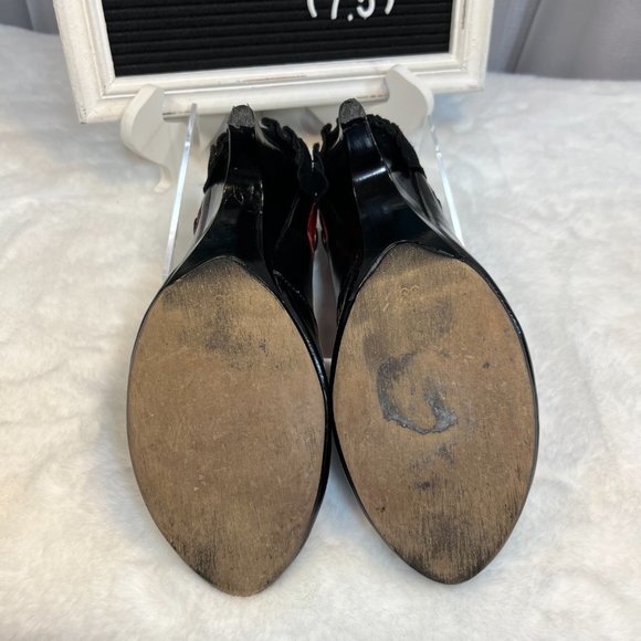 CHANII B Black Leather w Red Leopard Ruffle & Trim w Red Trim on Heels-38 - Picture 11 of 16